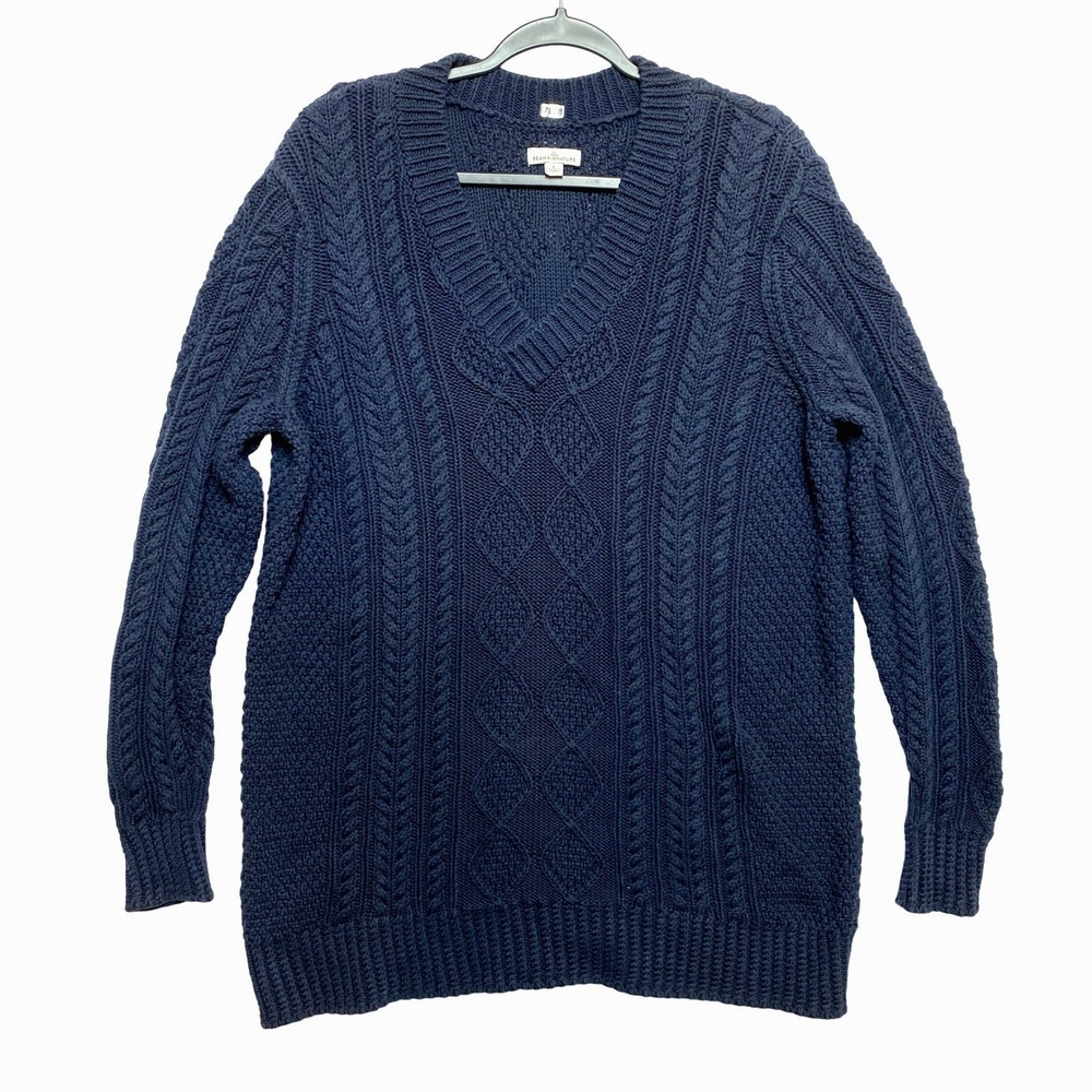LL Bean Signature Cable Sweater Womens L Navy Knit Tunic Cotton Fisherman